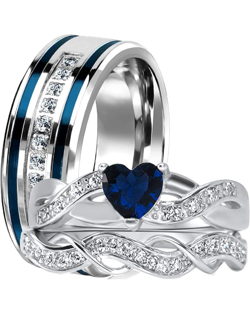 His and Hers 3 Piece Trio Sterling Silver Blue Wedding Band Engagement Ring Set Her 5 - His 10 $26.65 Sets