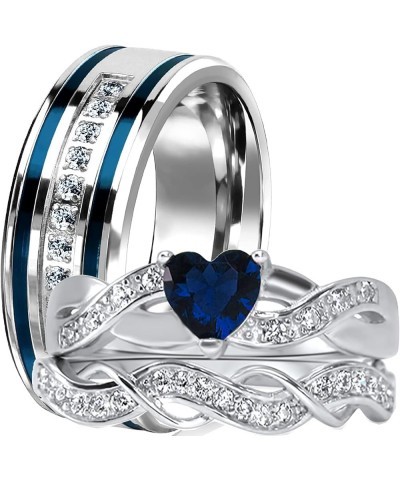 His and Hers 3 Piece Trio Sterling Silver Blue Wedding Band Engagement Ring Set Her 5 - His 10 $26.65 Sets