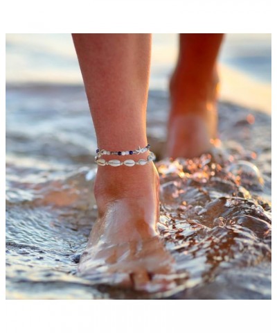 2 Pcs Shell Anklet For Women Girls Puka Seashell Bead Ankle Bracelet Adjustable Bohemian Vacation Starfish Beads Anklet Set B...