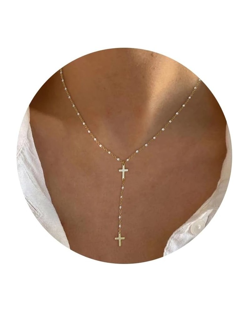 Necklace for Women Dainty 18k Gold Plated Long Necklaces Pearl Y-Shaped Necklace for Girls Bead Cross Necklace Long Chain Nec...