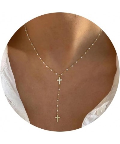 Necklace for Women Dainty 18k Gold Plated Long Necklaces Pearl Y-Shaped Necklace for Girls Bead Cross Necklace Long Chain Nec...