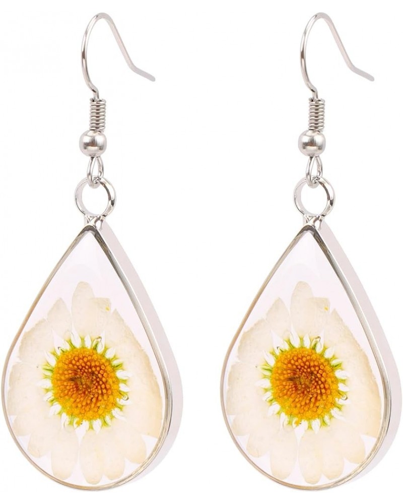 Pressed Daisy Flower Earrings Natural Dried Flowers Teardrop Dangle Earrings Gift Jewelry White $7.75 Earrings