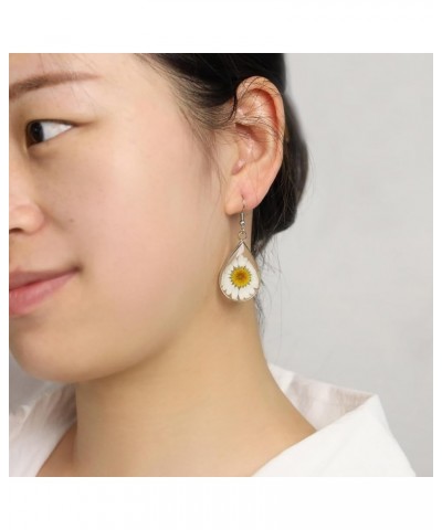 Pressed Daisy Flower Earrings Natural Dried Flowers Teardrop Dangle Earrings Gift Jewelry White $7.75 Earrings