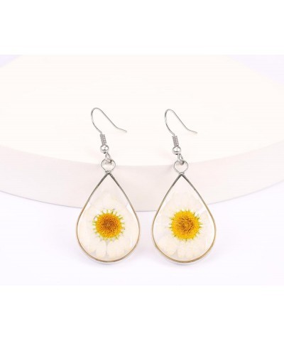 Pressed Daisy Flower Earrings Natural Dried Flowers Teardrop Dangle Earrings Gift Jewelry White $7.75 Earrings