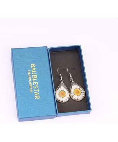 Pressed Daisy Flower Earrings Natural Dried Flowers Teardrop Dangle Earrings Gift Jewelry White $7.75 Earrings