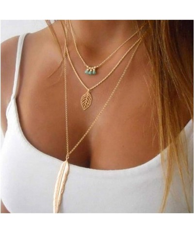 Boho Layered Pendant Necklace Feather and Leaf Necklace Chain Beads Jewelry for Women and Girls Gold $7.79 Necklaces