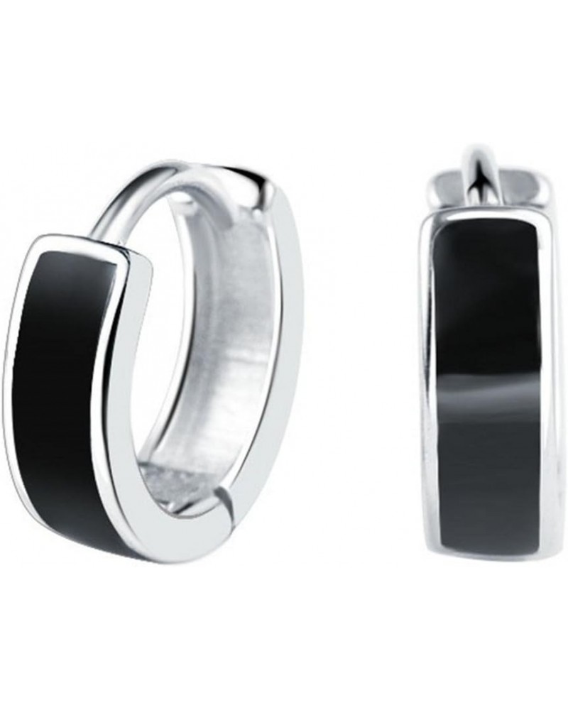 Unisex Sterling Silver Plated Black Onyx Agate Round Hoop Earring $7.40 Earrings