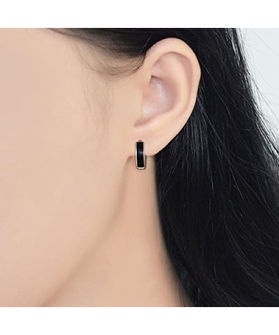 Unisex Sterling Silver Plated Black Onyx Agate Round Hoop Earring $7.40 Earrings