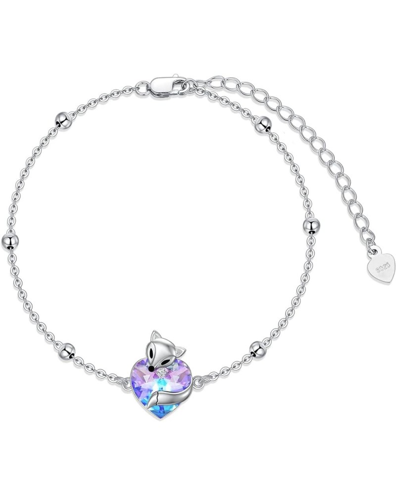 925 Sterling Silver Cute Cat/Fox Link Bracelet with Heart Crystal from Austria, Animal Jewelry Gifts for Women Girls B-Fox wi...