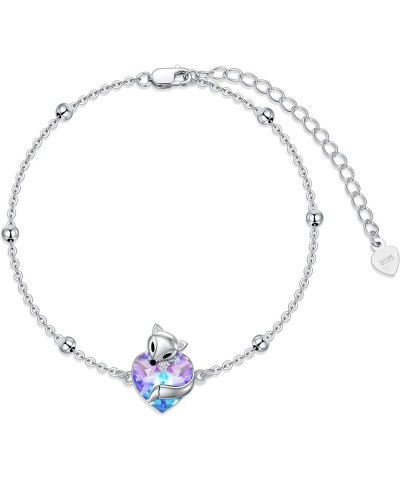 925 Sterling Silver Cute Cat/Fox Link Bracelet with Heart Crystal from Austria, Animal Jewelry Gifts for Women Girls B-Fox wi...