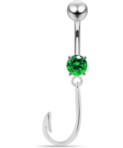 Fancy Plain Fish Hook Dangling 925 Sterling Silver with Stainless Steel Navel Button Ring Dark Green $13.76 Body Jewelry