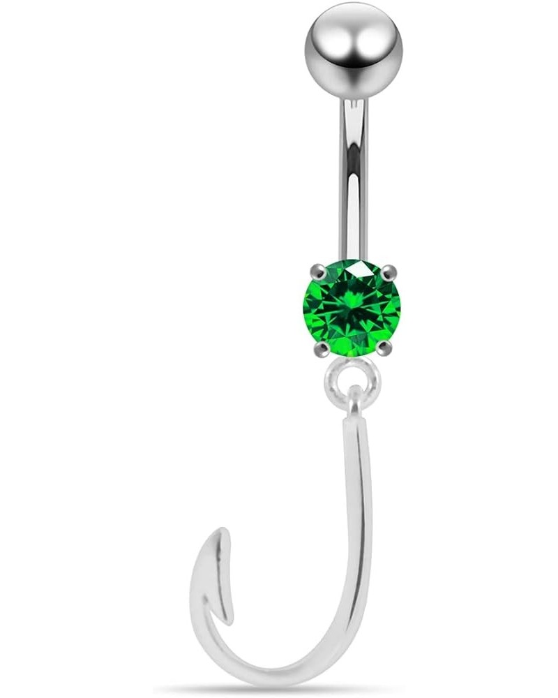 Fancy Plain Fish Hook Dangling 925 Sterling Silver with Stainless Steel Navel Button Ring Dark Green $13.76 Body Jewelry