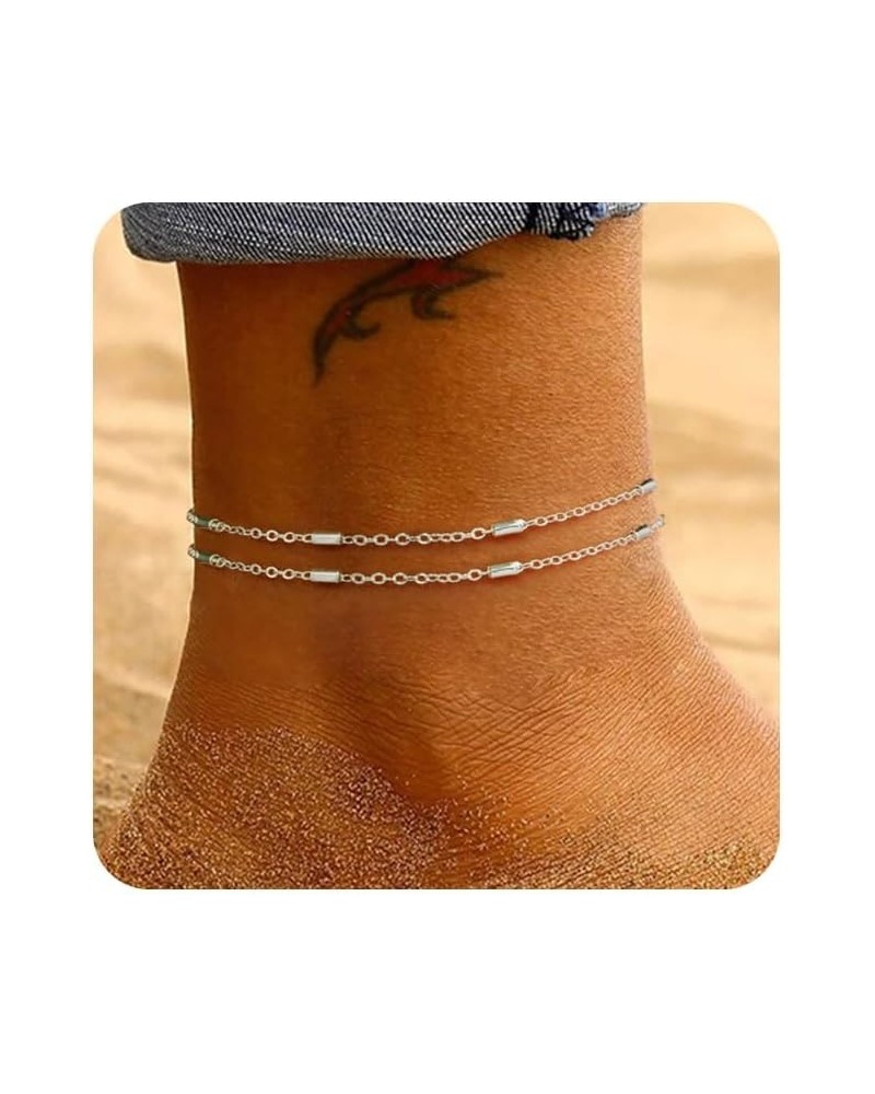 Gold/Sliver Ankle Bracelets for Women,14K Gold Anklets for Women Waterproof Cuban Link Heart Beads Herringbone Rhinestone Ank...