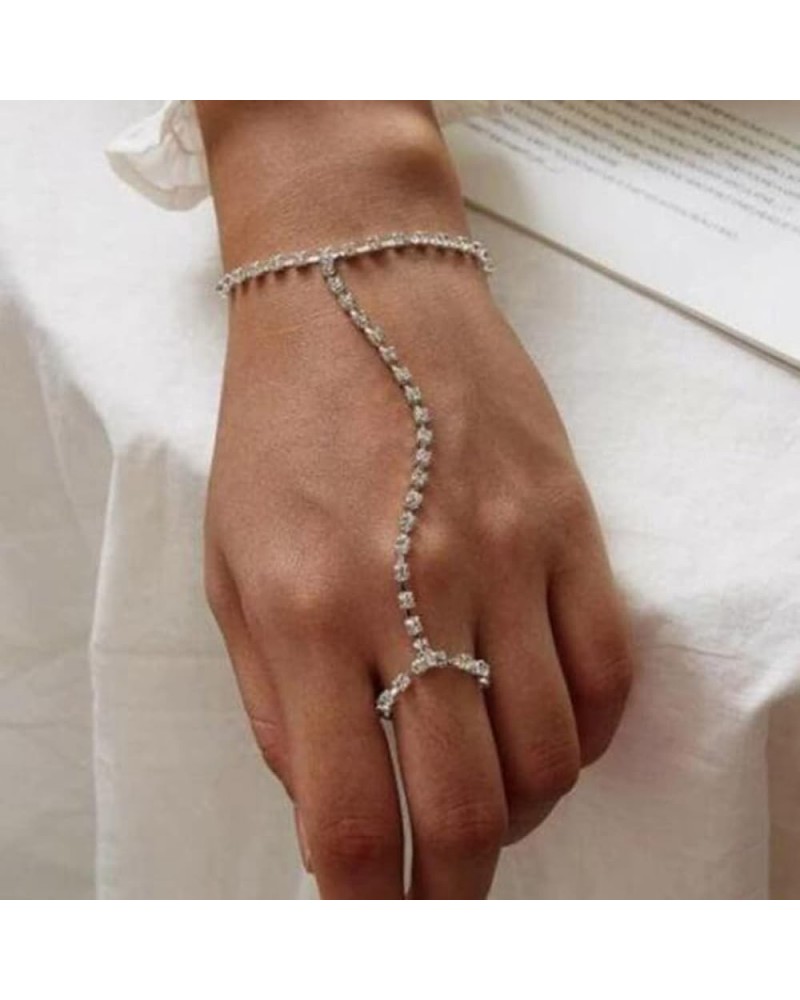 Rhinestone Ring Bracelet Hand Chain Finger Ring Bracelet Tennis Bracelet Slave Chain Hand Harness Bracelet with Ring for Wome...