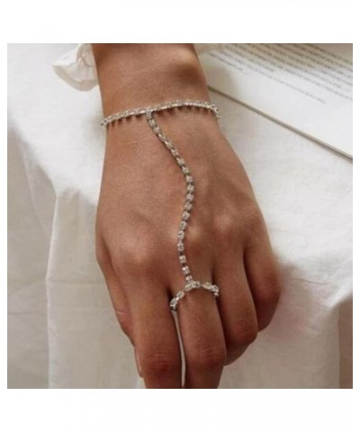 Rhinestone Ring Bracelet Hand Chain Finger Ring Bracelet Tennis Bracelet Slave Chain Hand Harness Bracelet with Ring for Wome...