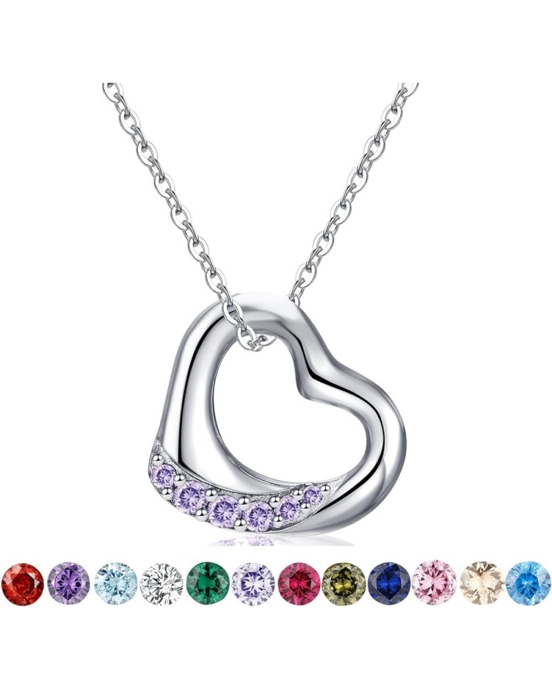 Floating Heart Birthstone Necklace for Women: 925 Sterling Silver Open Heart Pendant Necklaces Sparkling Cubic Zirconia Neckl...