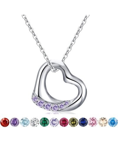 Floating Heart Birthstone Necklace for Women: 925 Sterling Silver Open Heart Pendant Necklaces Sparkling Cubic Zirconia Neckl...