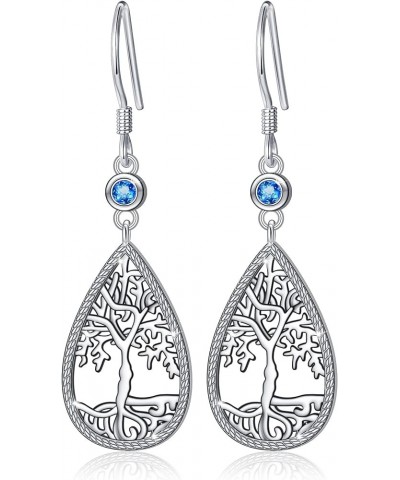 Tree of Life Earrings for Women, Sterling Silver Teardrop Dangle Earrings with Birthstone, Family Tree Jewelry Mother's Day B...