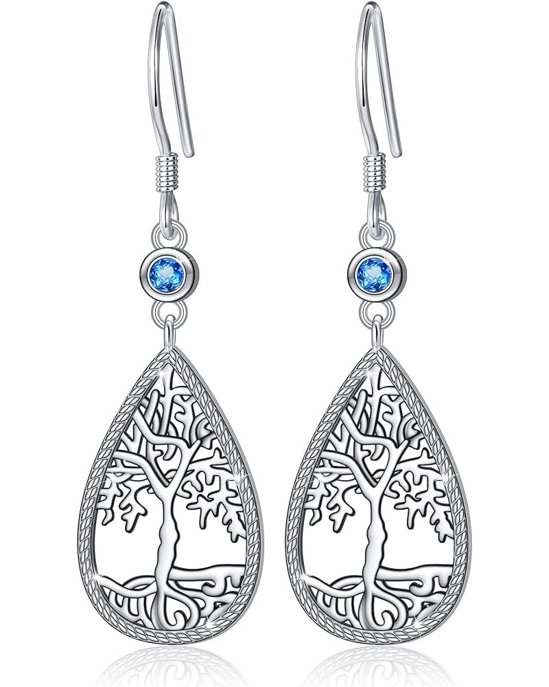 Tree of Life Earrings for Women, Sterling Silver Teardrop Dangle Earrings with Birthstone, Family Tree Jewelry Mother's Day B...