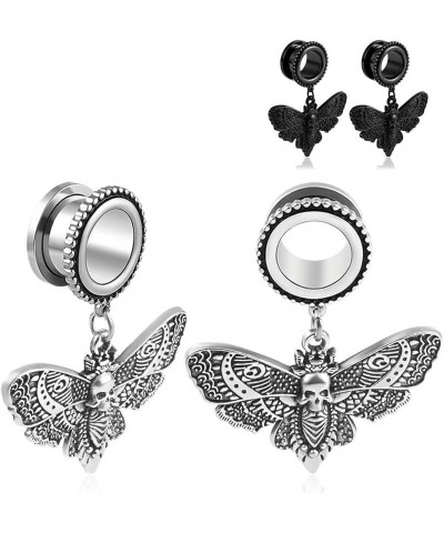 Stainless Steel Dangle death moth screw back ear gauges SoScene 6MM-2 GAUGE SILVER $9.85 Body Jewelry