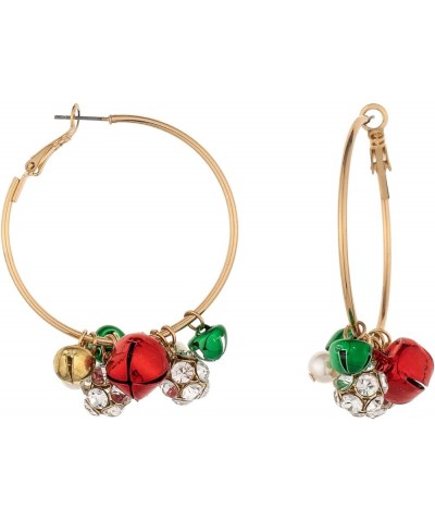 Christmas Gold Hoop Earrings for Women | Multiple Charm Jingle Bells | Pearl Drops Lightweight Jewelry | Xmas Holiday Earring...