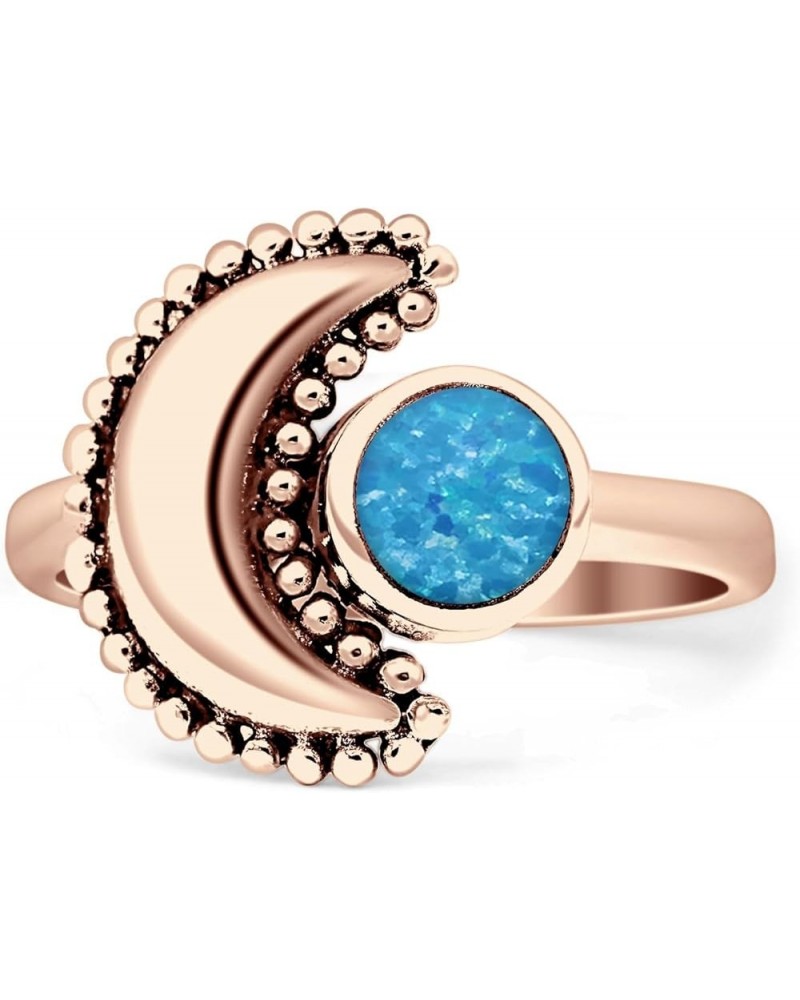 Crescent Moon Ring Oxidized Beaded Fashion Statement Thumb Ring 925 Sterling Silver Created Blue Opal Rose Tone Sterling Silv...