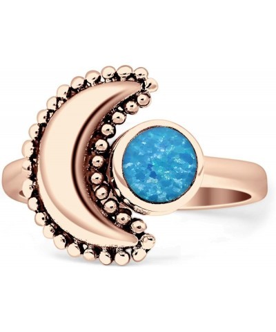 Crescent Moon Ring Oxidized Beaded Fashion Statement Thumb Ring 925 Sterling Silver Created Blue Opal Rose Tone Sterling Silv...