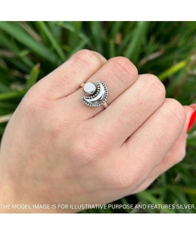 Crescent Moon Ring Oxidized Beaded Fashion Statement Thumb Ring 925 Sterling Silver Created Blue Opal Rose Tone Sterling Silv...