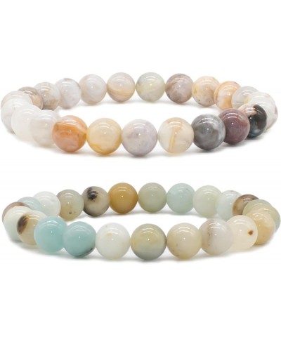 Natural Gem Semi Precious Reiki Healing Crystals Handmade 8mm Round Beads Stretch Bracelet 1 Bamboo Leaf Agate + Amazonite Sm...