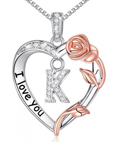 Rose Heart Necklaces Gifts for Women Girls - S925 Sterling Silver Rose Love Heart Initial Pendant Necklace Jewelry Valentines...