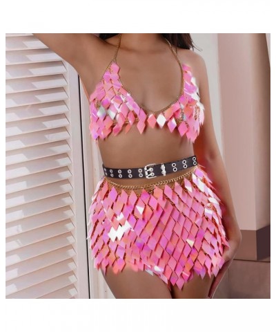 Pink Sequins Tassels Body Chain Gold Bra Skirts Set Sexy Bikini Rave Festival Party Beach Fashion Accessories Jewelry for Wom...