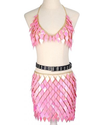 Pink Sequins Tassels Body Chain Gold Bra Skirts Set Sexy Bikini Rave Festival Party Beach Fashion Accessories Jewelry for Wom...