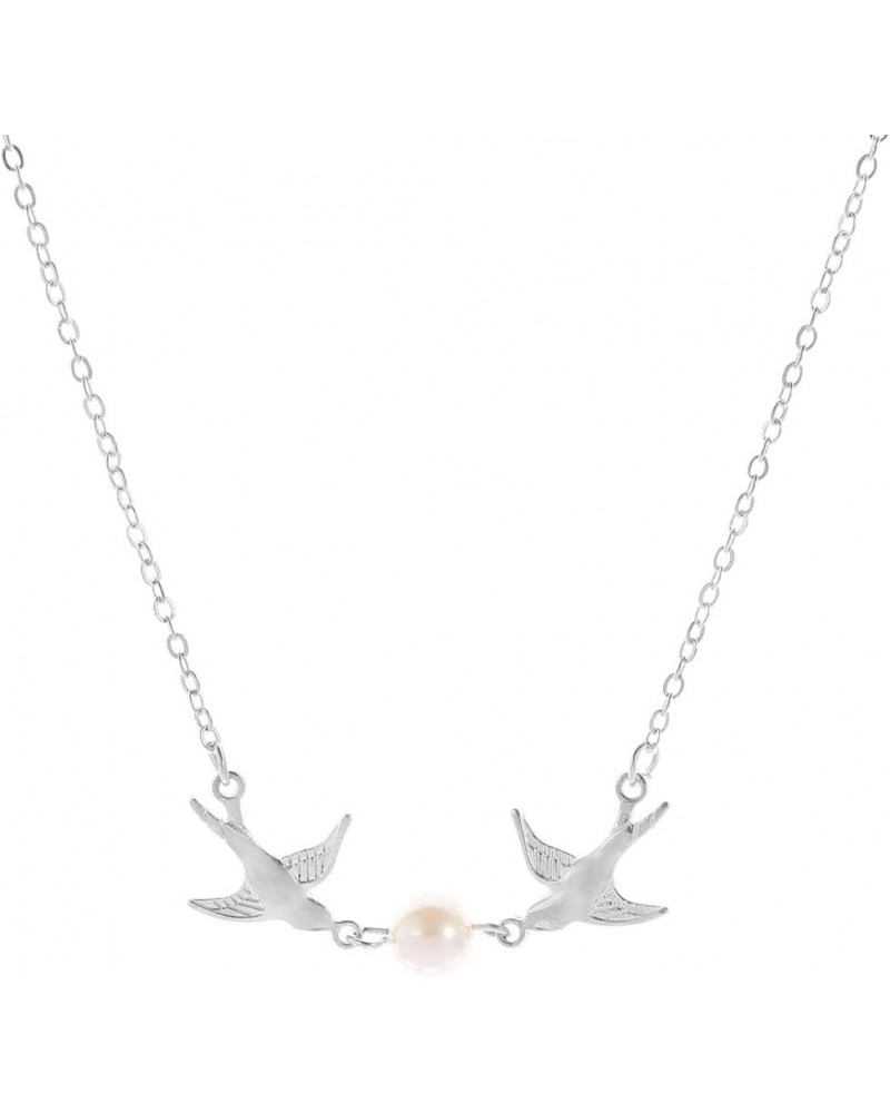 Elegant Pearl Flying Bird Necklace.Silver Two Little Birds Choker Necklace,Cute Small Swallow Hummingbird Pendant Necklace fo...