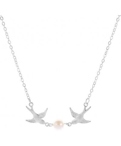 Elegant Pearl Flying Bird Necklace.Silver Two Little Birds Choker Necklace,Cute Small Swallow Hummingbird Pendant Necklace fo...