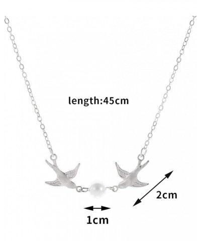 Elegant Pearl Flying Bird Necklace.Silver Two Little Birds Choker Necklace,Cute Small Swallow Hummingbird Pendant Necklace fo...