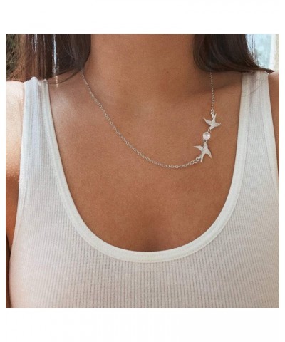 Elegant Pearl Flying Bird Necklace.Silver Two Little Birds Choker Necklace,Cute Small Swallow Hummingbird Pendant Necklace fo...