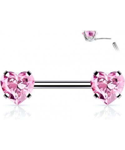 Surgical Steel Threadless Push in Nipple Barbells with Prong Set Heart CZ Ends Pink $11.43 Body Jewelry