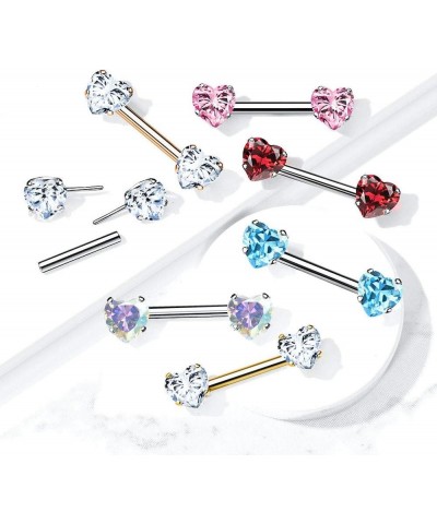 Surgical Steel Threadless Push in Nipple Barbells with Prong Set Heart CZ Ends Pink $11.43 Body Jewelry