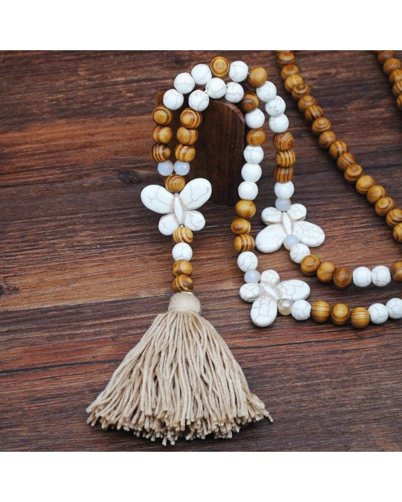 Wood Beads Necklace for Women Colorful Handmade Tassel Pendant Cross Butterfly Heart Stone Charm Long Necklaces (Color : Styl...