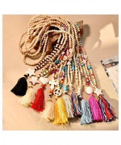 Wood Beads Necklace for Women Colorful Handmade Tassel Pendant Cross Butterfly Heart Stone Charm Long Necklaces (Color : Styl...