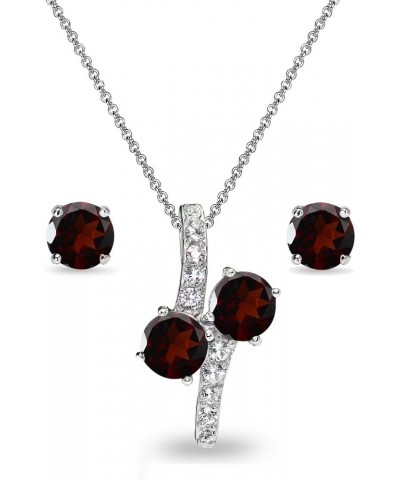 Sterling Silver Genuine, Created, or Simulated Gemstone Round Stud Earrings & Friendhip Necklace Set Garnet $32.44 Jewelry Sets