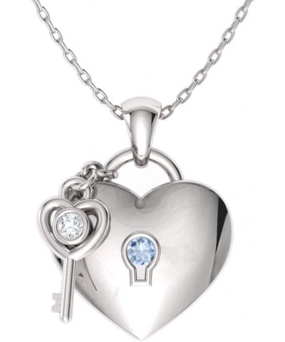 Natural and Certified Gemstone and Diamond Love Lock and Key Heart Necklace in 14k White Gold |0.02 Carat Pendant with Chain ...