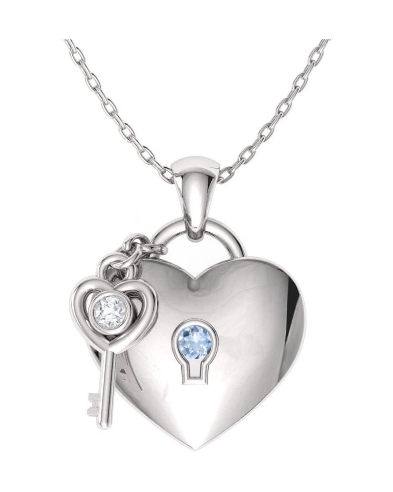 Natural and Certified Gemstone and Diamond Love Lock and Key Heart Necklace in 14k White Gold |0.02 Carat Pendant with Chain ...