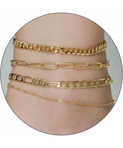 Gold Ankle Bracelets for Women Teen Girls, 18K Gold Plated Dainty Ankles Waterproof Cuban Herringbone Figaro Chain Anklets Se...