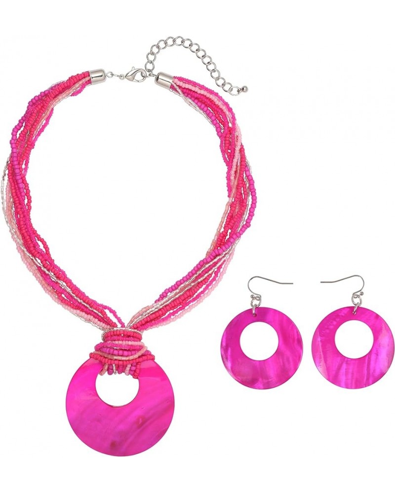 Multi Strand Statement Colorful Beaded Necklace with Big Circle Shell Pendant for Women Rose $9.68 Jewelry Sets