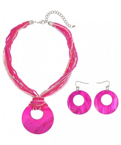 Multi Strand Statement Colorful Beaded Necklace with Big Circle Shell Pendant for Women Rose $9.68 Jewelry Sets