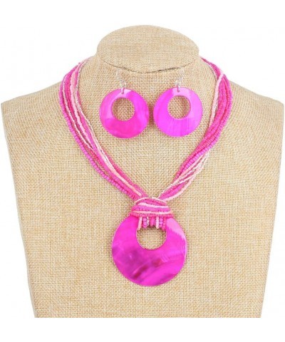 Multi Strand Statement Colorful Beaded Necklace with Big Circle Shell Pendant for Women Rose $9.68 Jewelry Sets