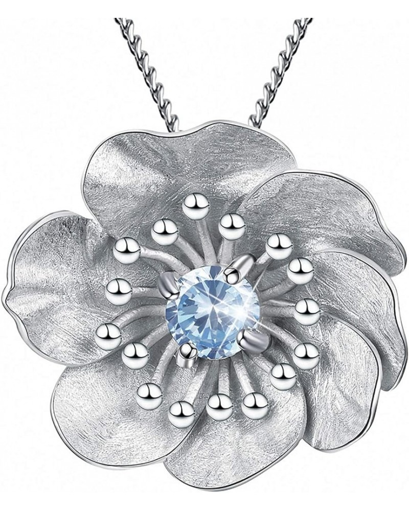 S925 Sterling Silver Natural Gemtone Pendant Necklace Blooming Anemone Flower Pendant with Necklaces Chain length 17inches, H...