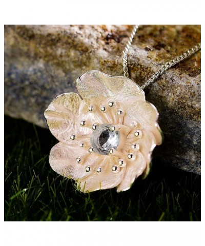 S925 Sterling Silver Natural Gemtone Pendant Necklace Blooming Anemone Flower Pendant with Necklaces Chain length 17inches, H...