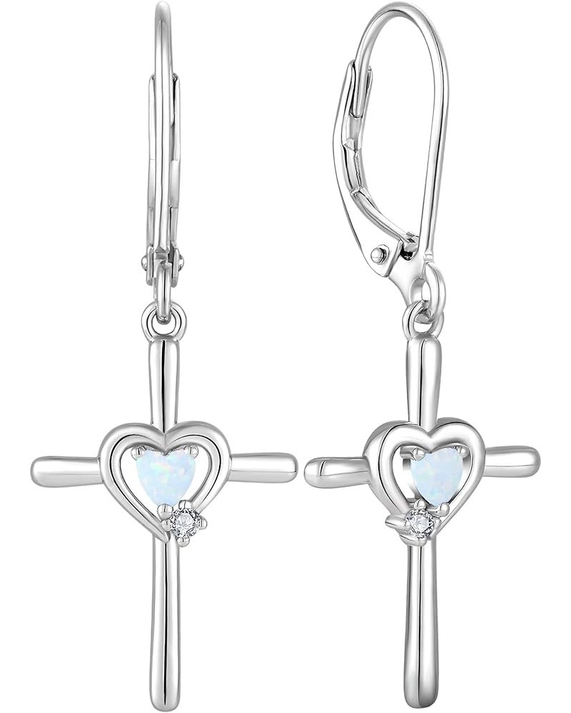 Cross Earrings Sterling Silver Opal Crucifix Dangle Drop Earrings Heart Birthstone Religious Jewelry for Women White Opal $26...